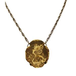 Vintage Art Nouveau Repousse Lady Portrait Pendant Necklace Mucha Style